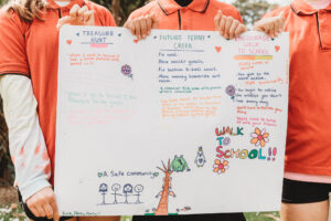 Image of local school students holding their Walk to School poster